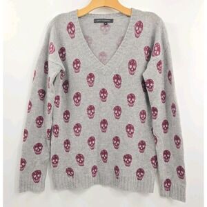 Skull Cashmere Sweater Size Medium‎ Riley Grey Burgundy Skulls V Neck